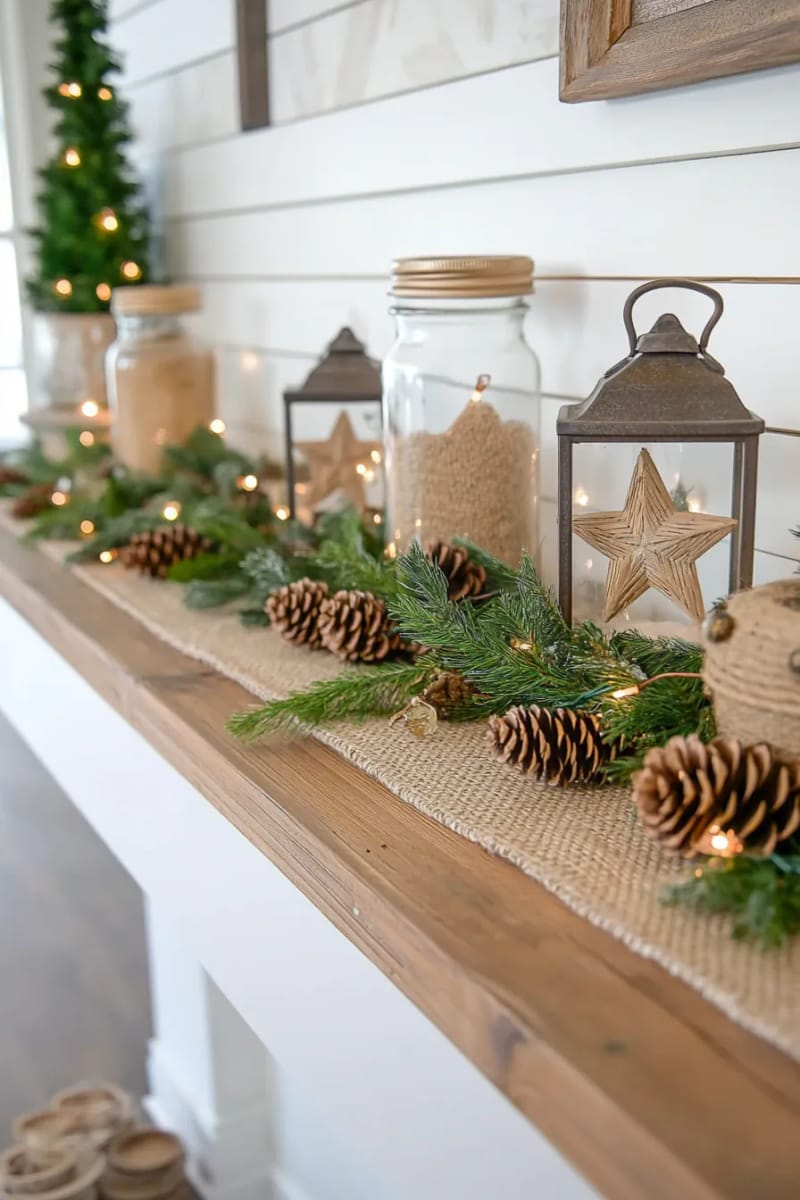 27 Unique Homemade Christmas Decorations You'll Love 33 pinecone star garland with twinkling fairy lights for a farmhouse feel 1