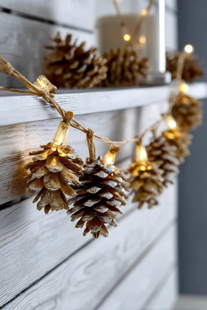 27 Unique Homemade Christmas Decorations You'll Love 36 pinecone star garland with twinkling fairy lights for a farmhouse feel 1