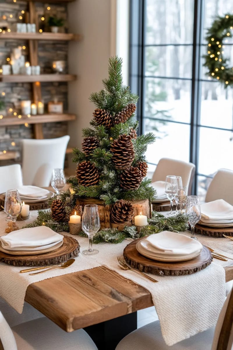pinecone tree centerpiece dusted with white paint and rustic wooden base 1