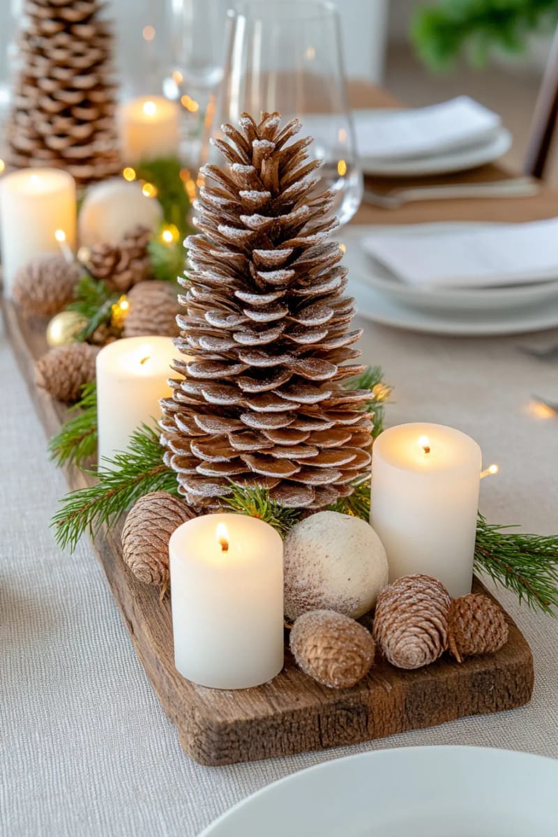 pinecone tree centerpiece dusted with white paint and rustic wooden base 1