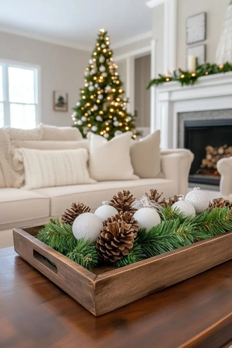 pinecones dusted with white paint gathered in a rustic wooden tray 1