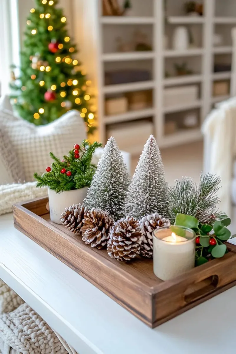 pinecones dusted with white paint gathered in a rustic wooden tray 1