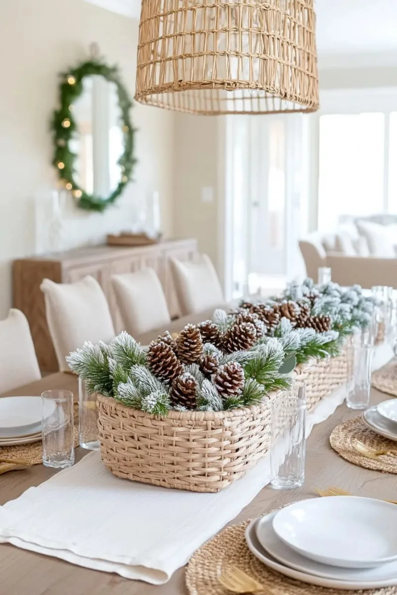 pinecones dusted with white paint in a woven basket centerpiece 1