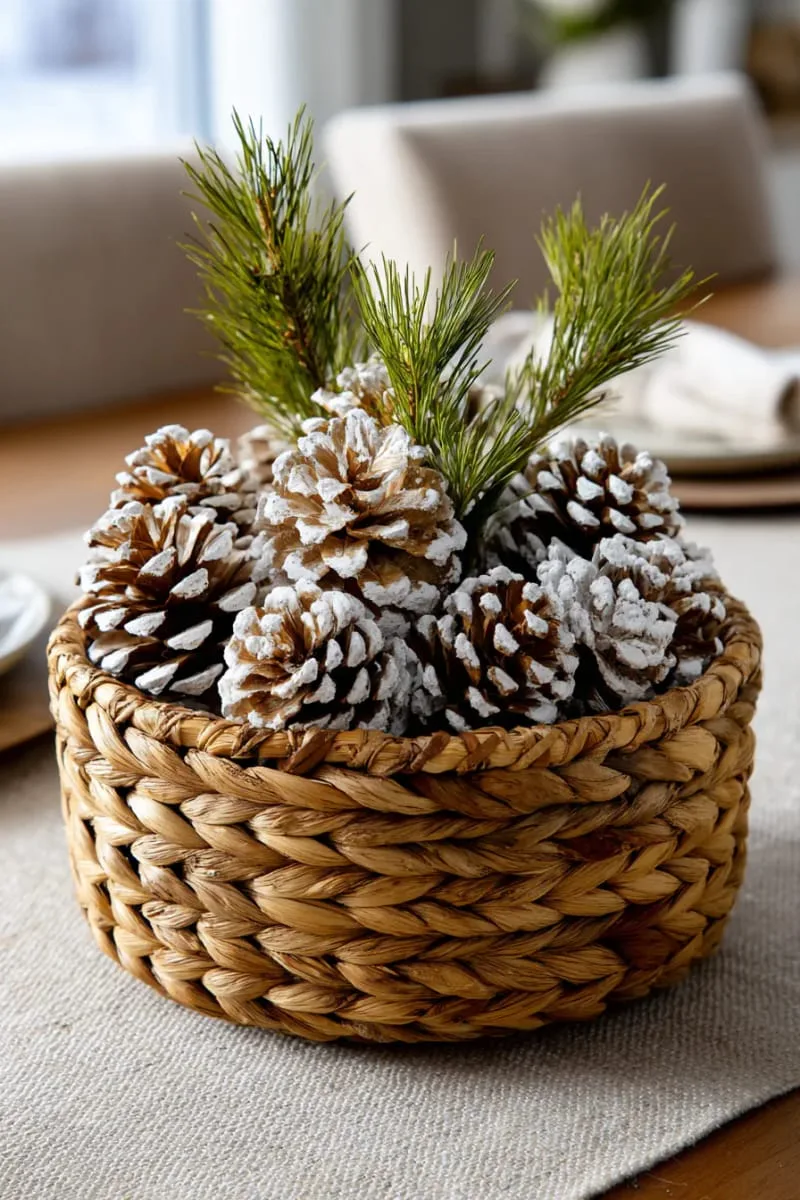pinecones dusted with white paint in a woven basket centerpiece 1