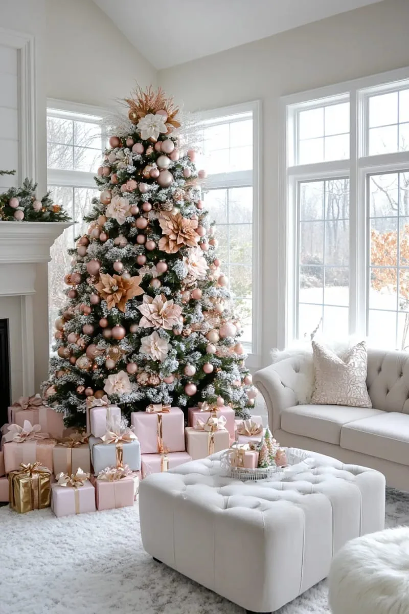 pink pastel presents stacked under a snowy flocked tree 1