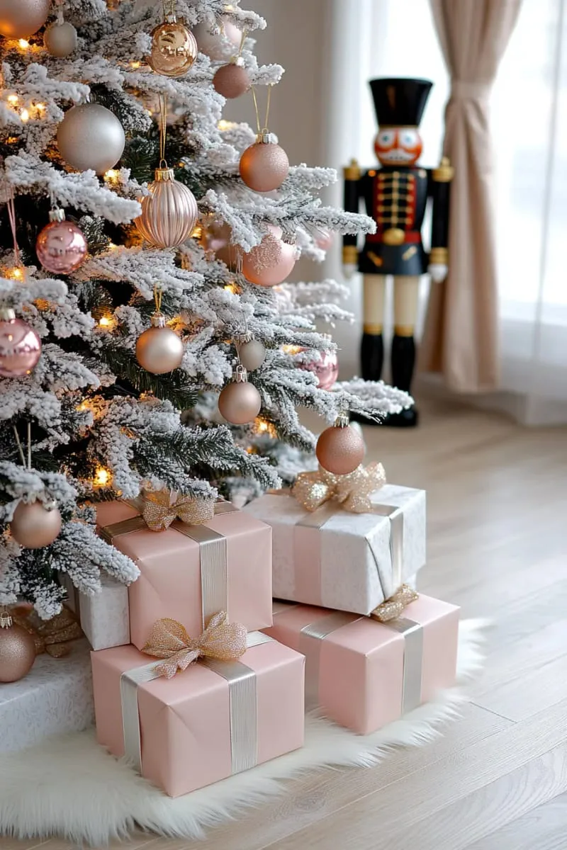 pink pastel presents stacked under a snowy flocked tree 1