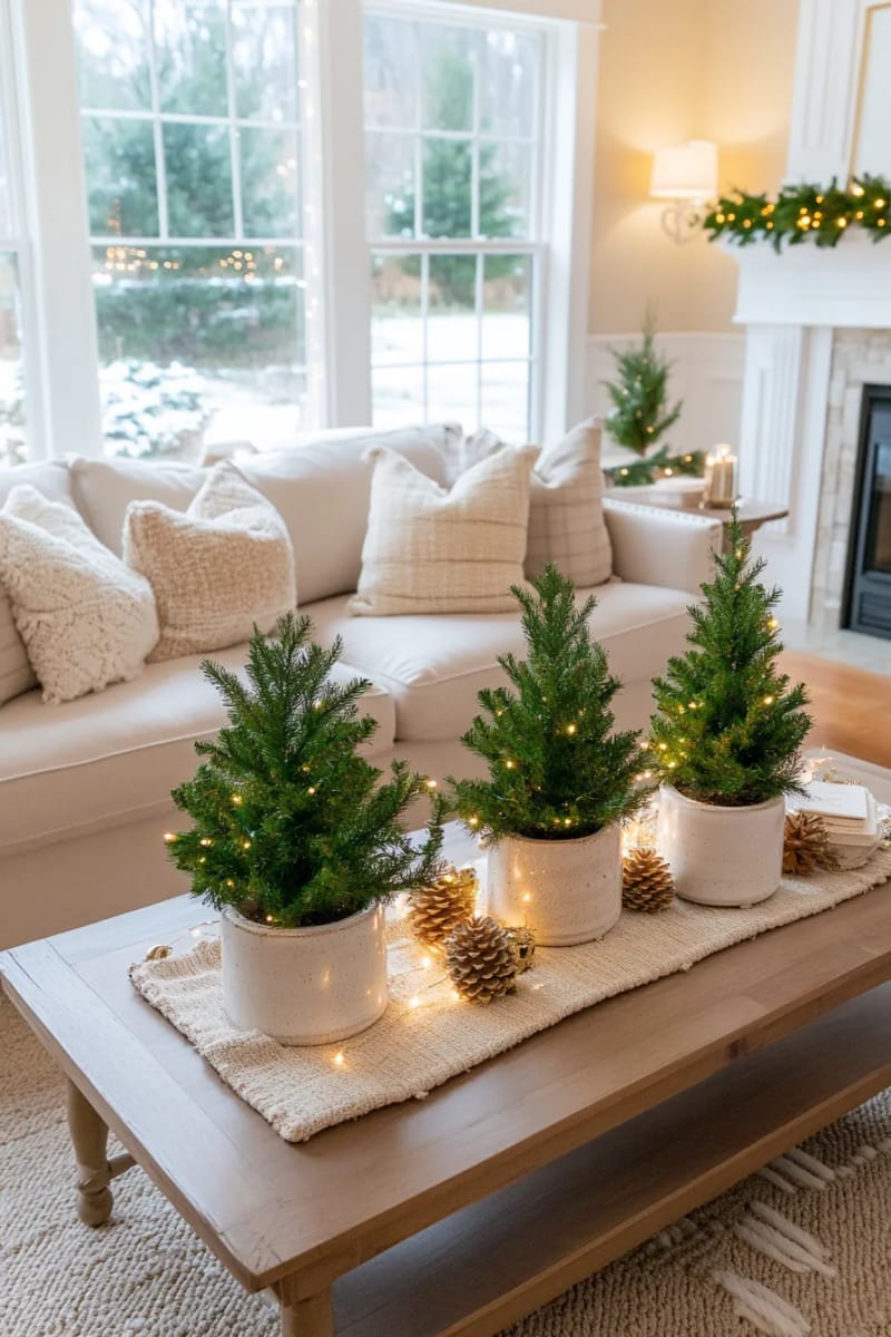 place a trio of mini evergreen trees on the coffee table centerpiece 1