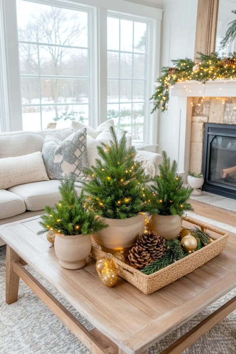 place a trio of mini evergreen trees on the coffee table centerpiece 1
