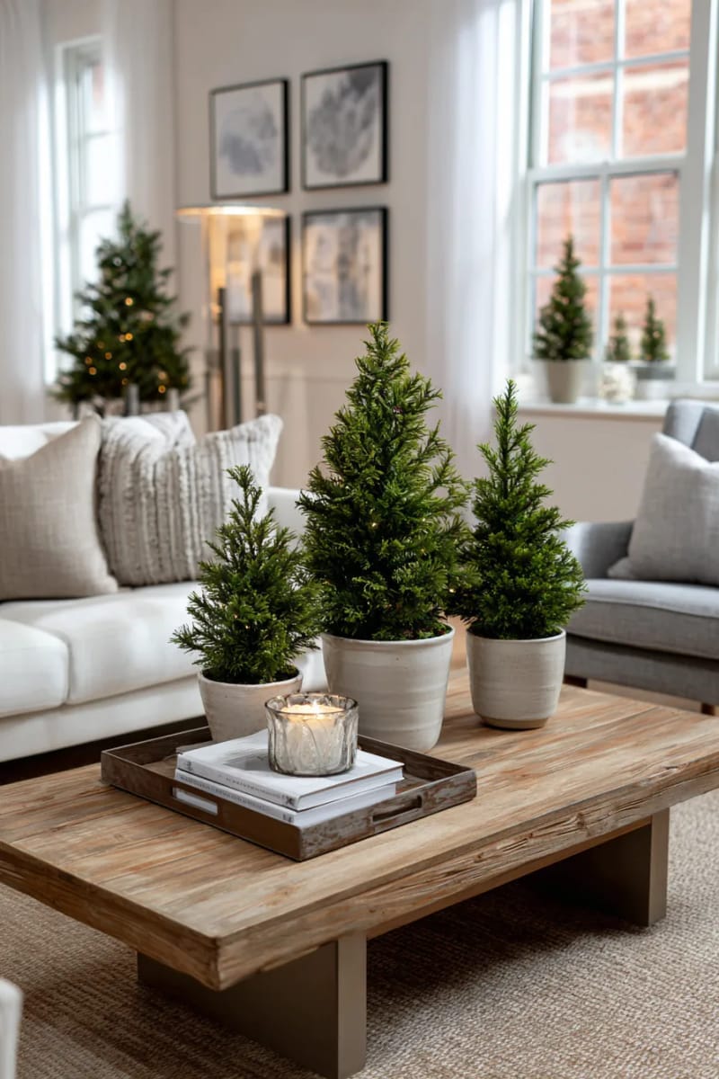 place a trio of mini evergreen trees on the coffee table centerpiece 1