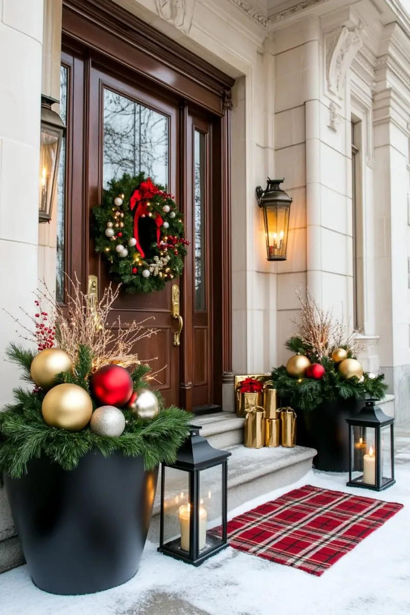 place oversized ornaments in outdoor planters for a dramatic front porch look. 1