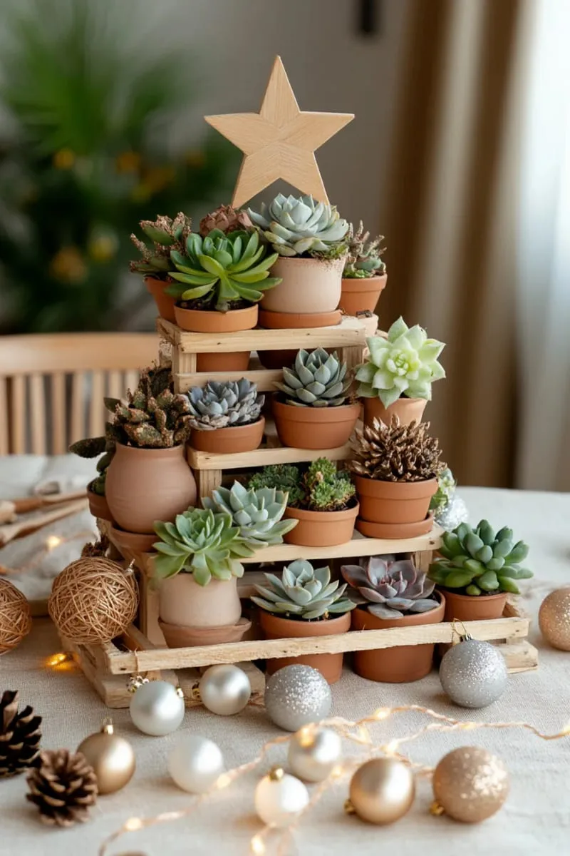 27 Sustainable Christmas Trees For Cheap and Eco-Friendly Decor 49 place potted succulents in a pyramid for a tiny, neutral christmas tree. 1