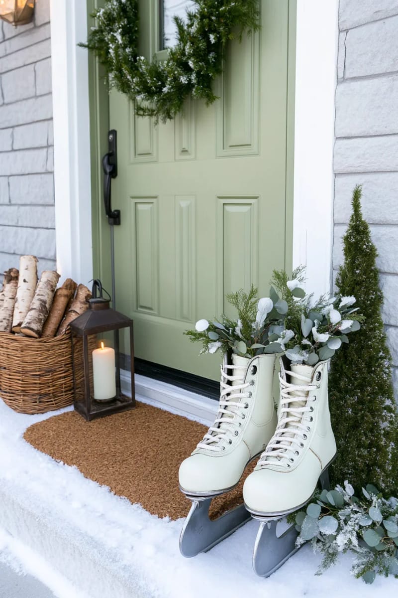 27 Stunning Winter Decor Ideas for a Stylish Retreat 27 place vintage ice skates filled with greenery by your front door for a playful welcome. 1