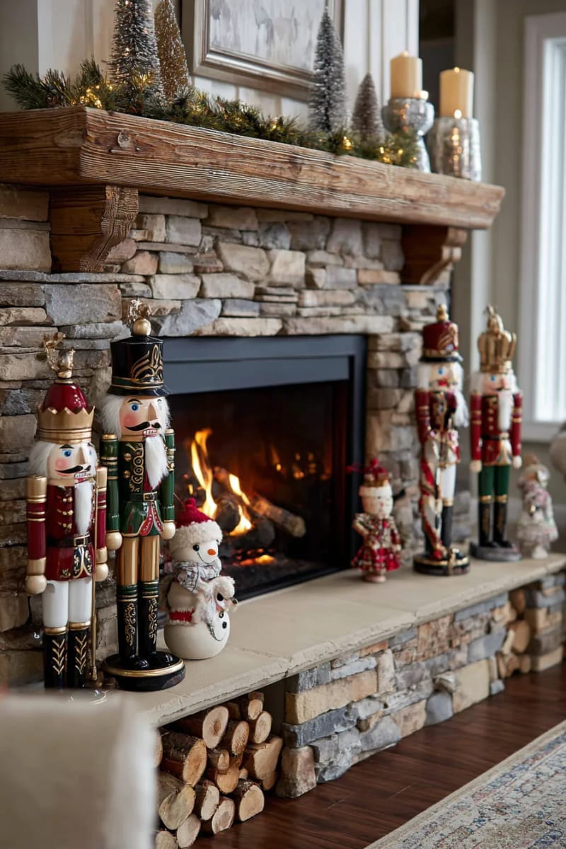 place vintage-inspired nutcrackers and whimsical figurines beside the fireplace 1
