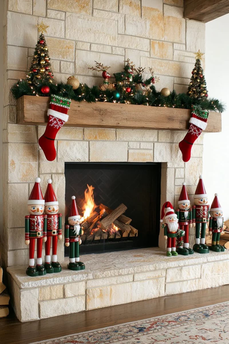 place vintage-inspired nutcrackers and whimsical figurines beside the fireplace 1