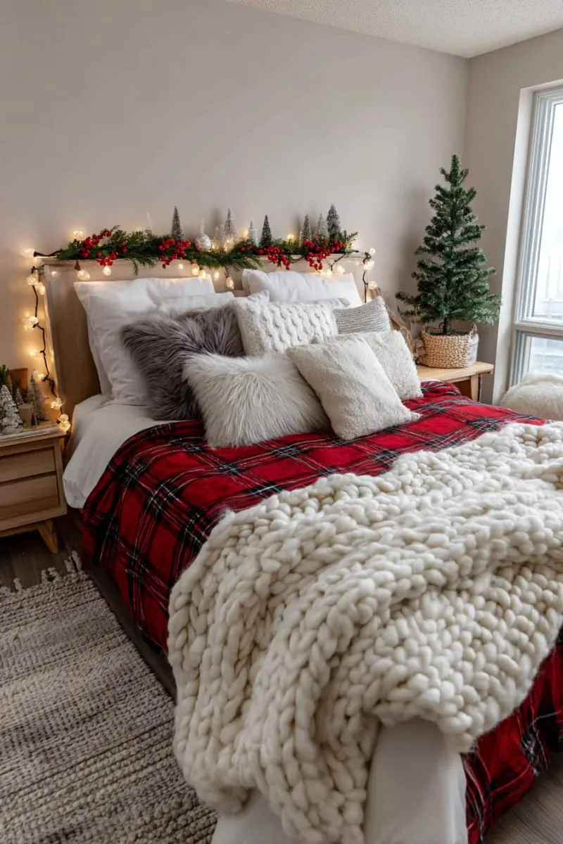 plaid flannel bedding paired with chunky knit throws and faux fur pillows 1