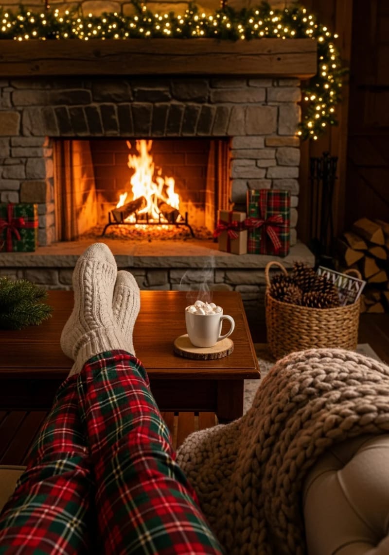 plaid flannel pajamas paired with fluffy socks by the fireplace 1