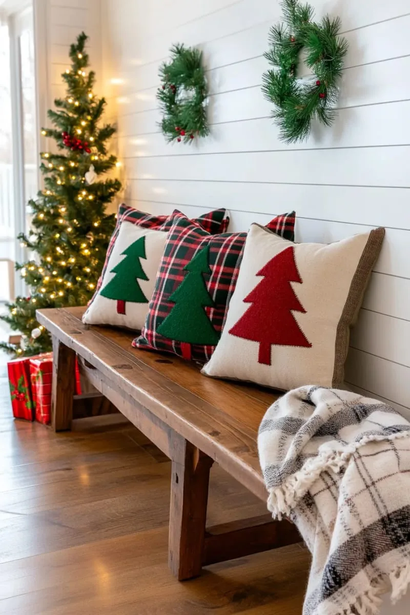 plaid flannel throw pillows with hand-stitched christmas trees 1