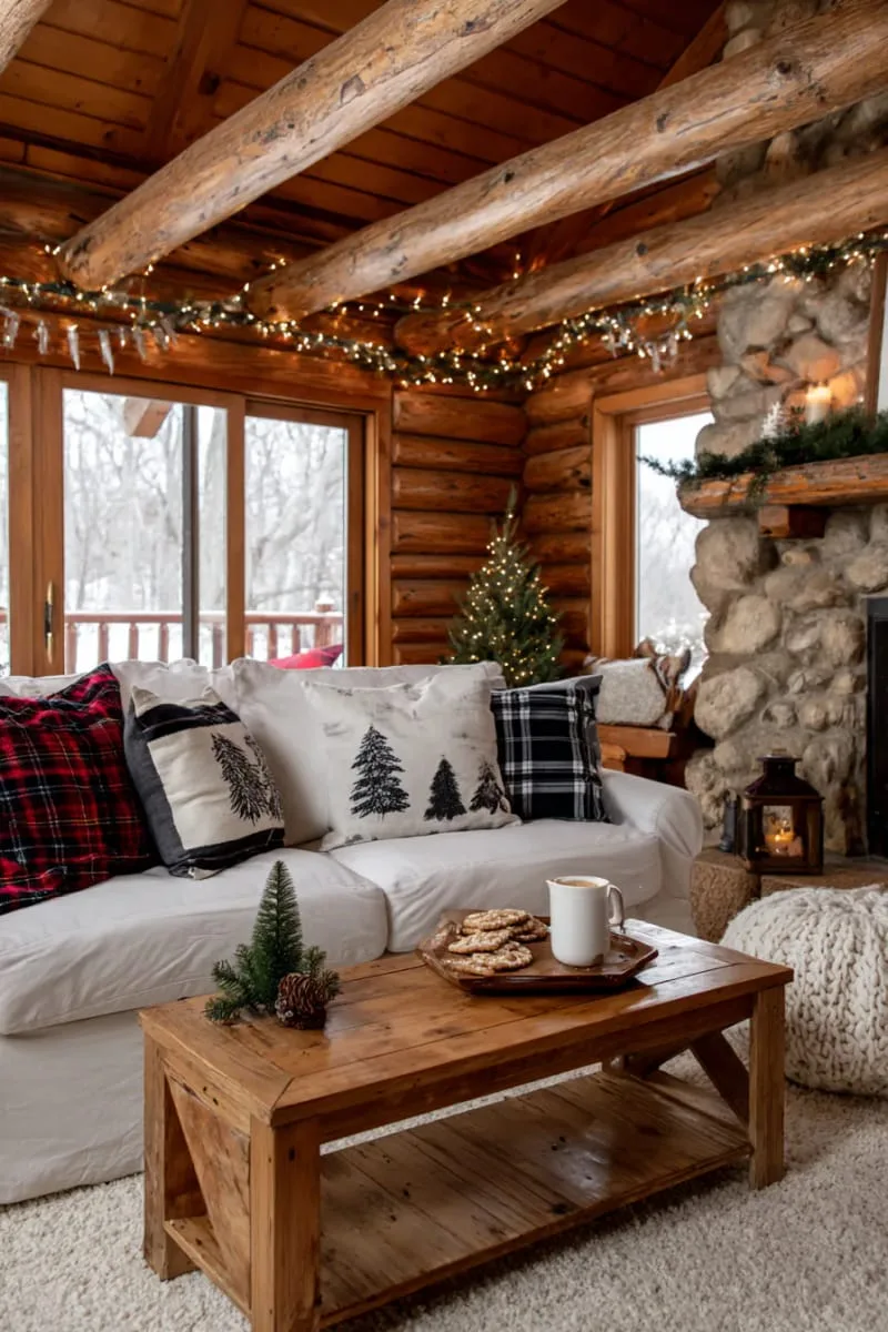 plaid flannel throw pillows with hand-stitched christmas trees 1
