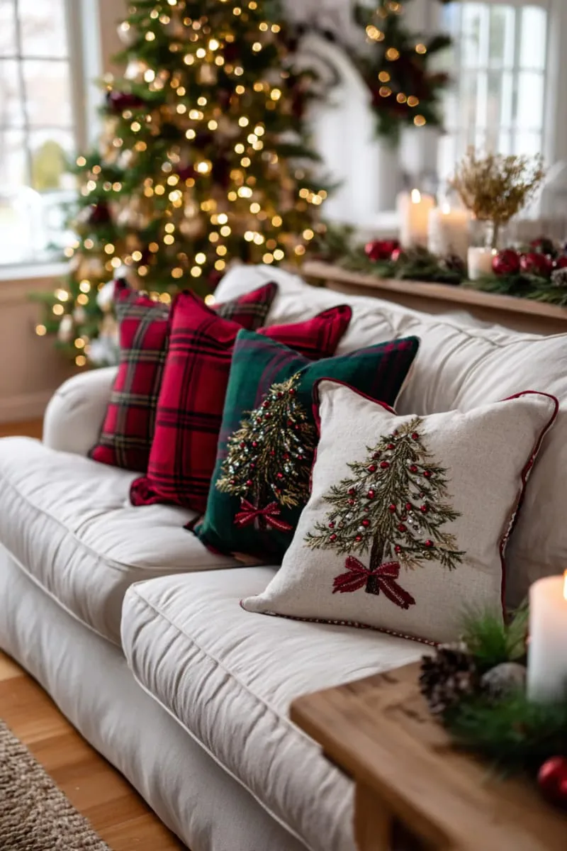 plaid flannel throw pillows with hand-stitched christmas trees 1