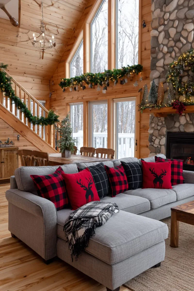 plaid flannel throw pillows with hand-stitched christmas trees 1