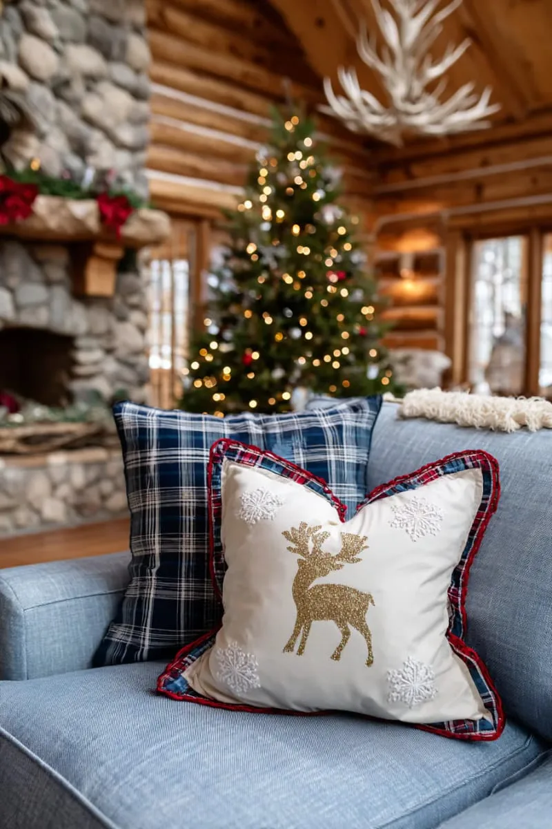 plaid flannel throw pillows with hand-stitched christmas trees 1