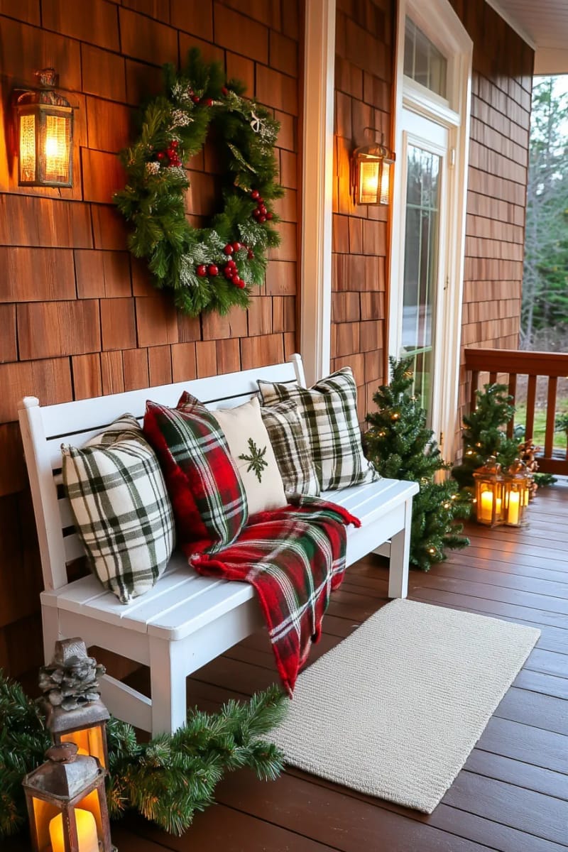 plaid throw blankets and pillows on a vintage bench with lanterns glowing. 1
