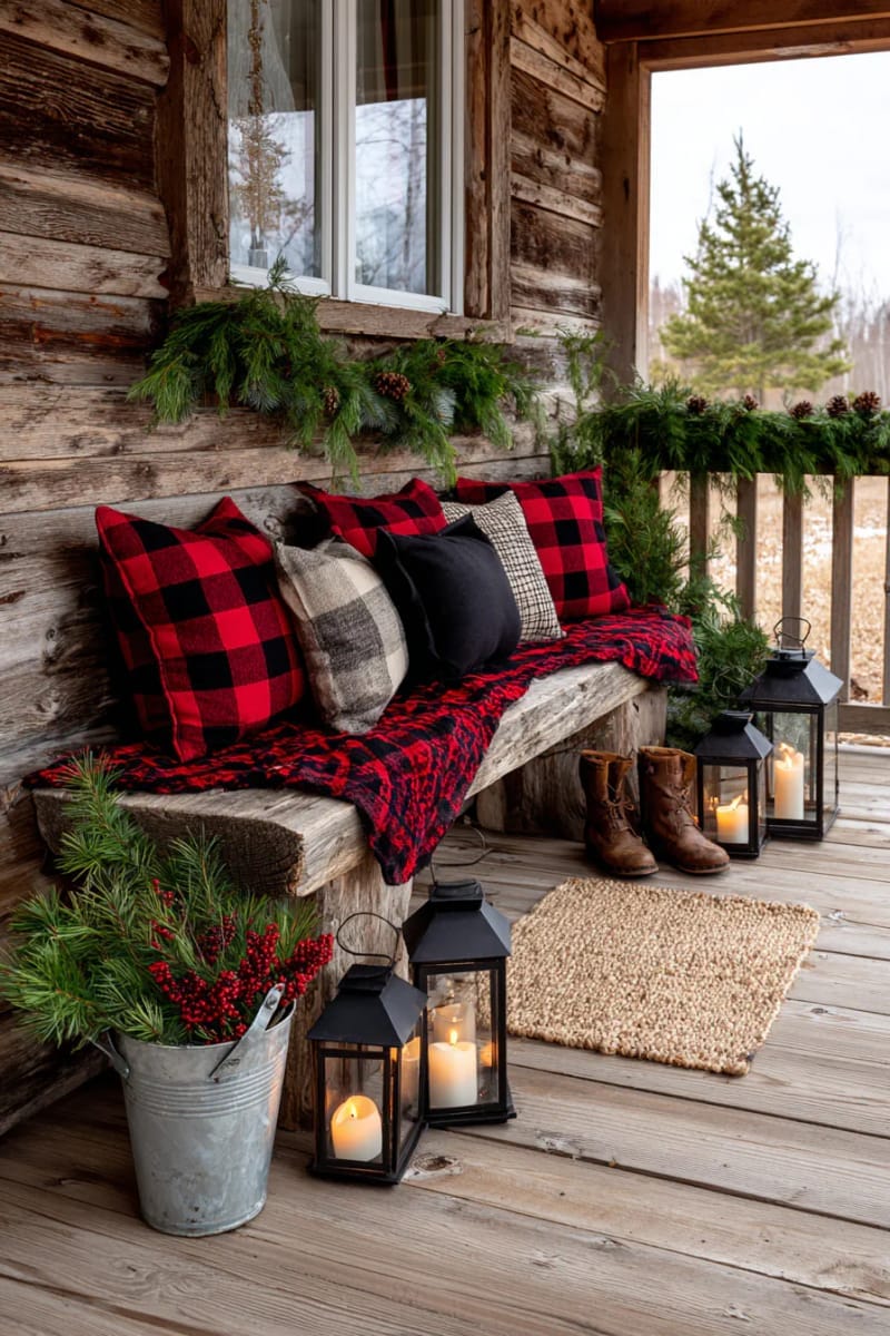 plaid throw blankets and pillows on a vintage bench with lanterns glowing. 1