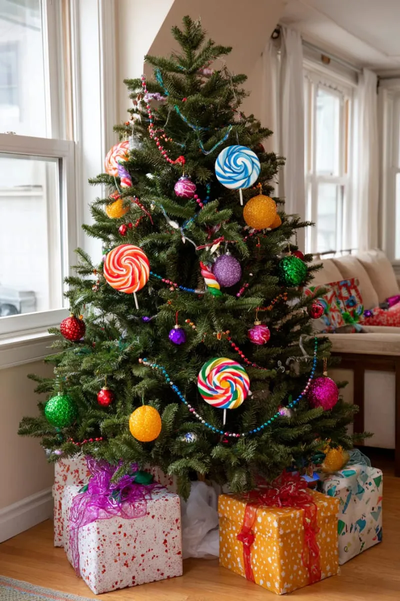 playful candy-inspired tree with lollipop and gumdrop ornaments 1
