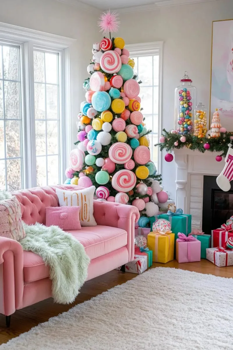 playful candy-inspired tree with lollipop and gumdrop ornaments 1