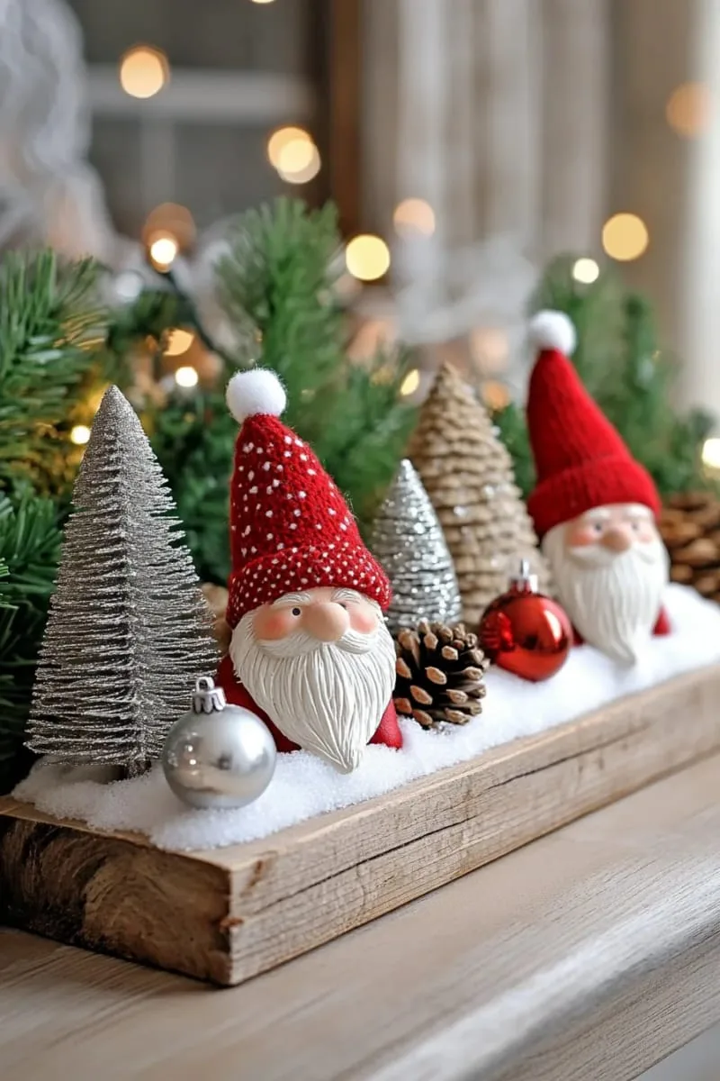 playful christmas gnome figurines nestled in faux snow 1