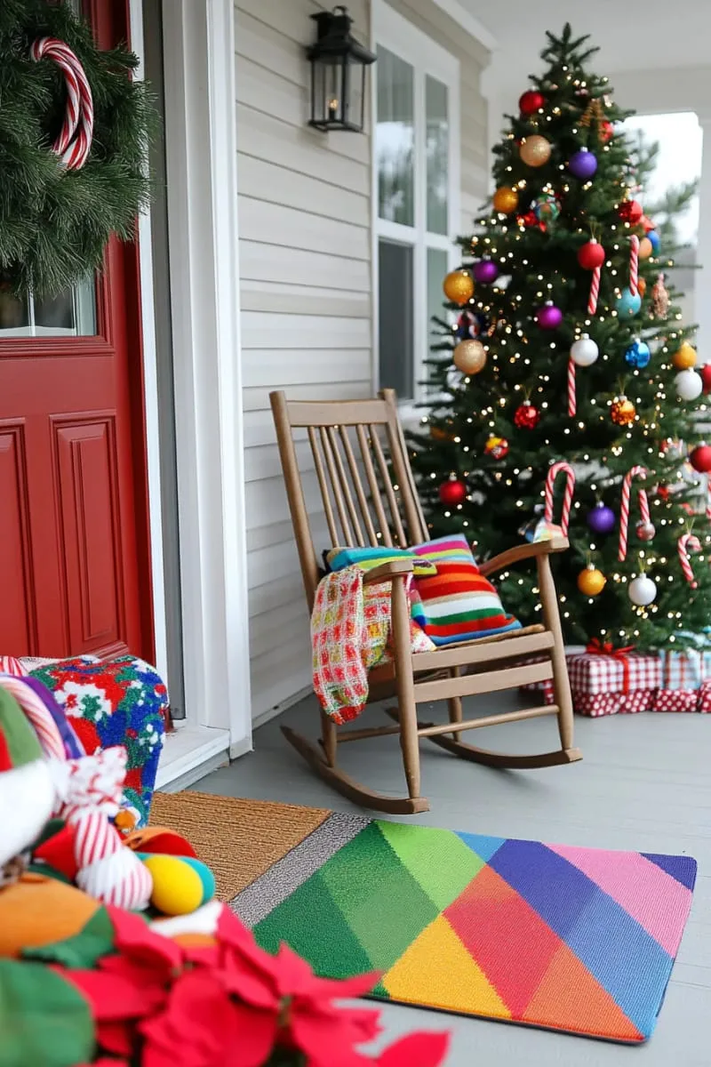 15 Dreamy Front Porch Christmas Trees to Try This Year 24 playful kids’ tree with colorful ornaments and candy cane accents on porch 1
