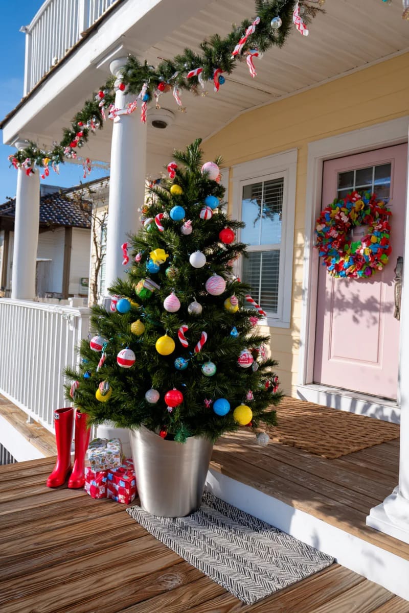 15 Dreamy Front Porch Christmas Trees to Try This Year 26 playful kids’ tree with colorful ornaments and candy cane accents on porch 1