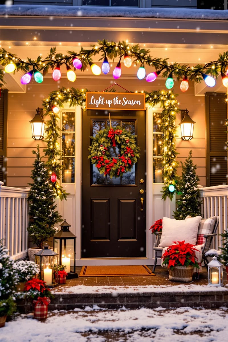 29 Festive Christmas Door Decor Ideas for a Magical Entry 27 playful light bulb garland with “light up the season” message 1
