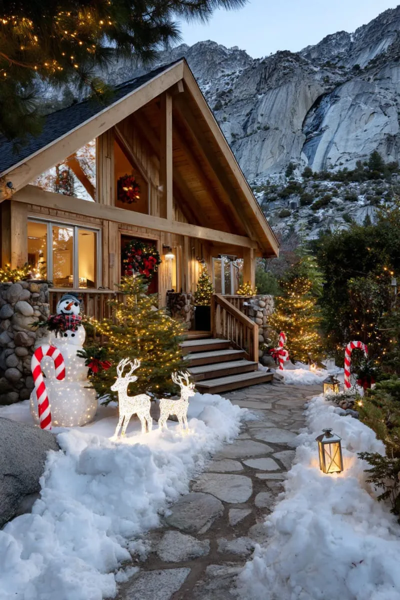 23 Exterior Christmas Decor Ideas Guests Will Remember All Season Long 85 playful outdoor scene with light-up reindeer, snowmen, and candy cane arches 1