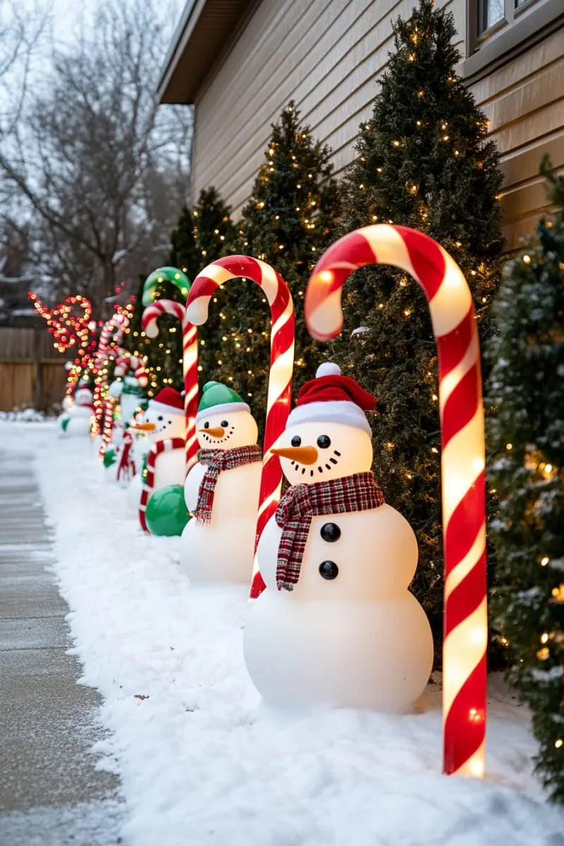23 Exterior Christmas Decor Ideas Guests Will Remember All Season Long 86 playful outdoor scene with light-up reindeer, snowmen, and candy cane arches 1