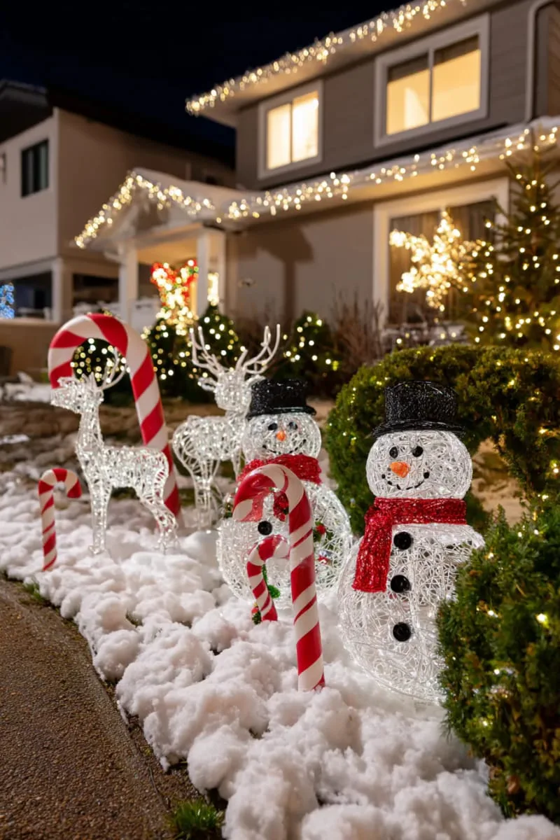 23 Exterior Christmas Decor Ideas Guests Will Remember All Season Long 89 playful outdoor scene with light-up reindeer, snowmen, and candy cane arches 1