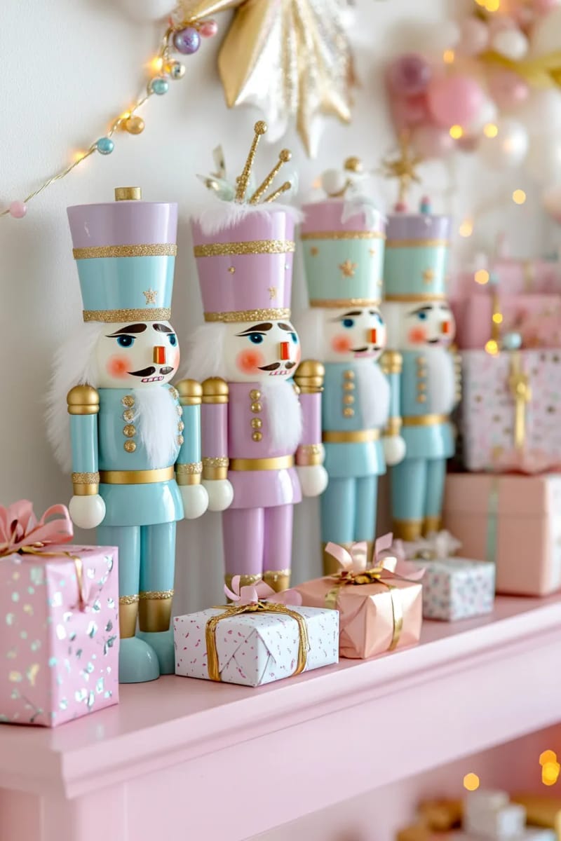 23 Kitsch Christmas Decor Ideas Full of Color, Whimsy, and Cheer 36 playful pastel nutcrackers standing guard on a bubblegum pink shelf 1