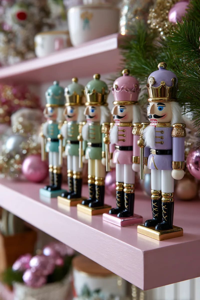 23 Kitsch Christmas Decor Ideas Full of Color, Whimsy, and Cheer 37 playful pastel nutcrackers standing guard on a bubblegum pink shelf 1