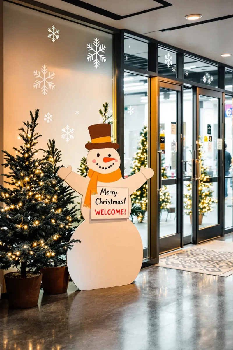 29 Best Christmas Decorations Trends You Can't Miss This Year 52 playful snowman cutout greeting guests at the office entrance 1