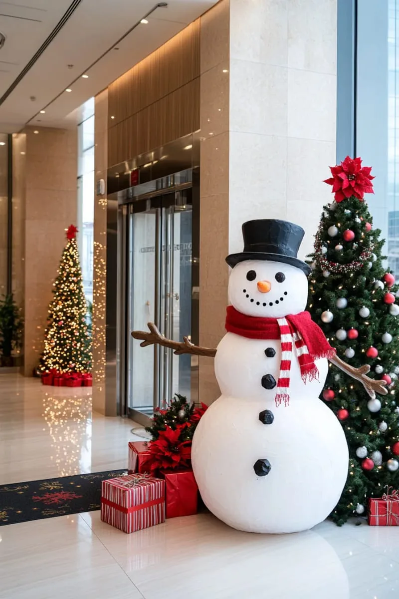 29 Best Christmas Decorations Trends You Can't Miss This Year 55 playful snowman cutout greeting guests at the office entrance 1