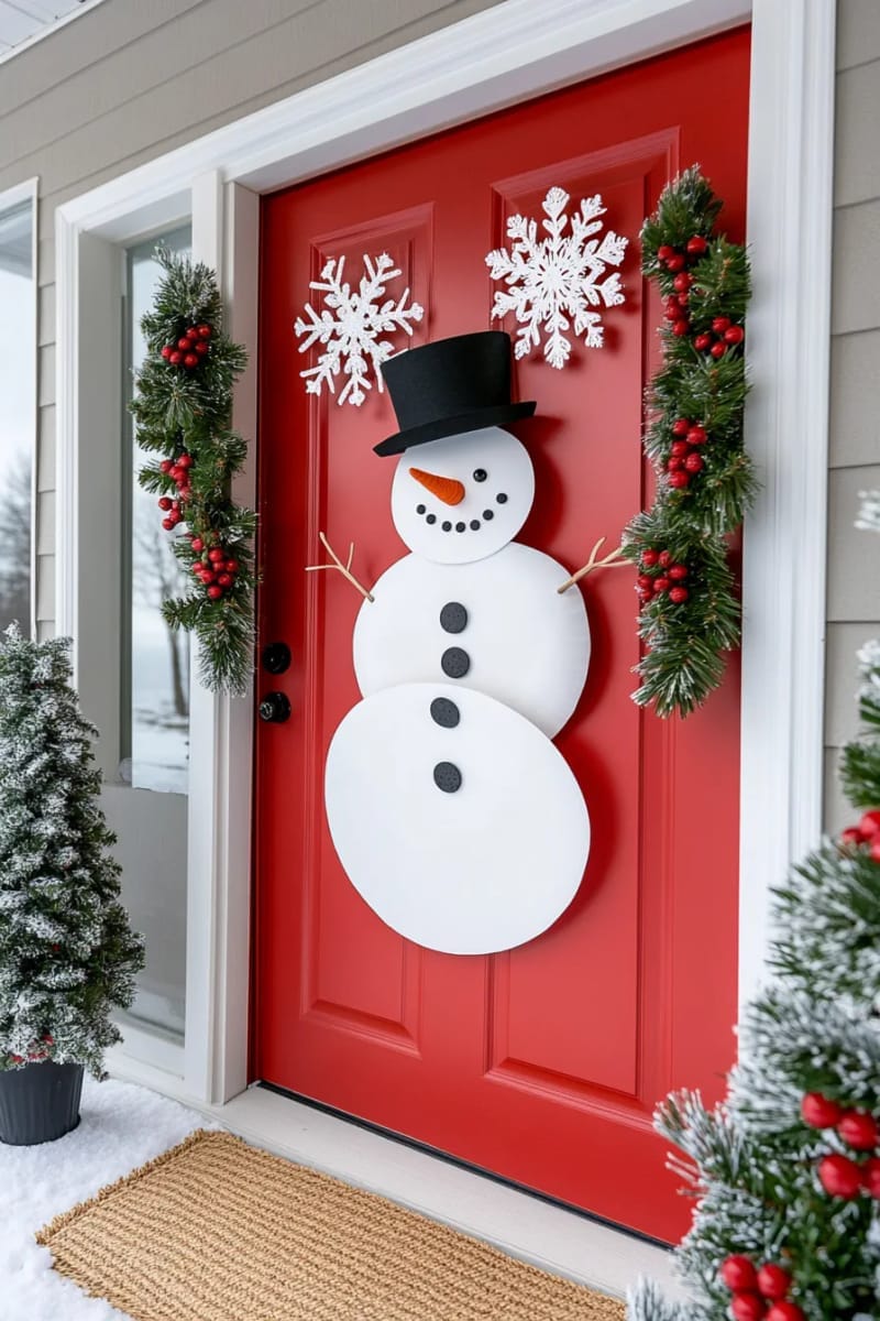 29 Festive Christmas Door Decor Ideas for a Magical Entry 53 playful snowman made from stacked white paper plates and felt accessories 1