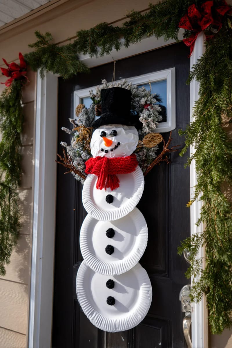 29 Festive Christmas Door Decor Ideas for a Magical Entry 54 playful snowman made from stacked white paper plates and felt accessories 1