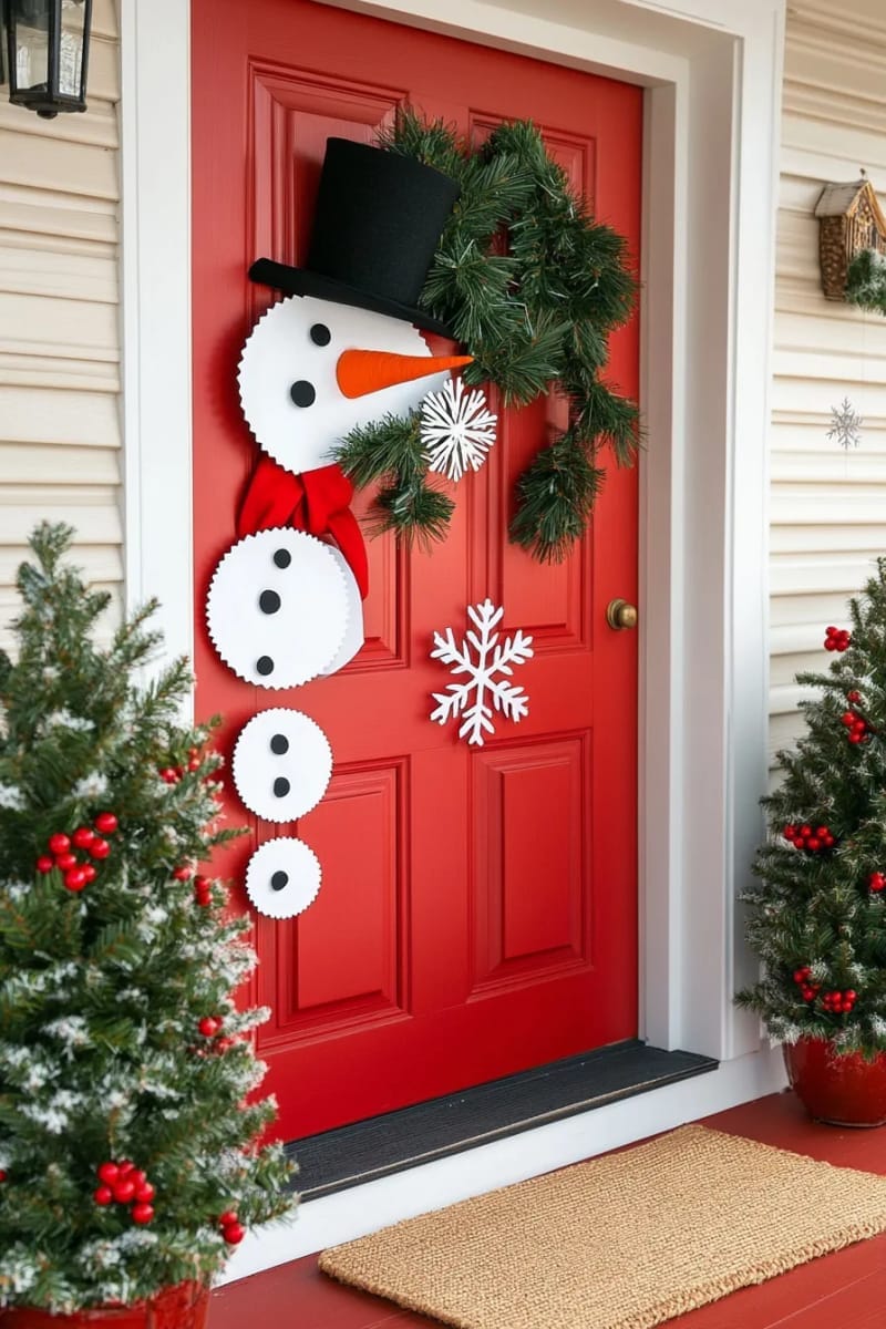 29 Festive Christmas Door Decor Ideas for a Magical Entry 55 playful snowman made from stacked white paper plates and felt accessories 1
