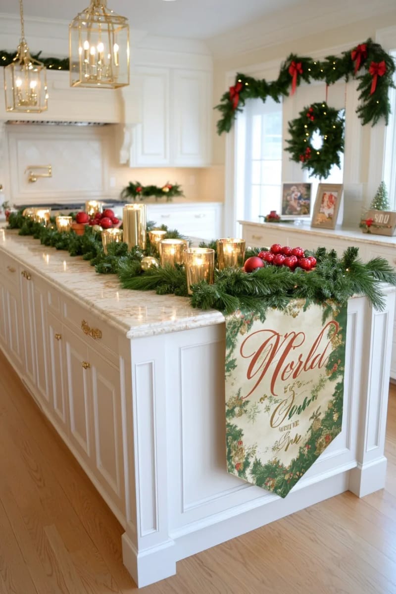 23 Christmas Kitchen Island Decor Ideas That Bring Instant Holiday Charm 48 plush green and gold table runner with glowing votive candles 1