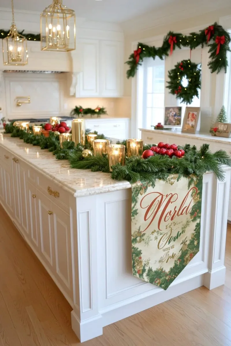 plush green and gold table runner with glowing votive candles 1