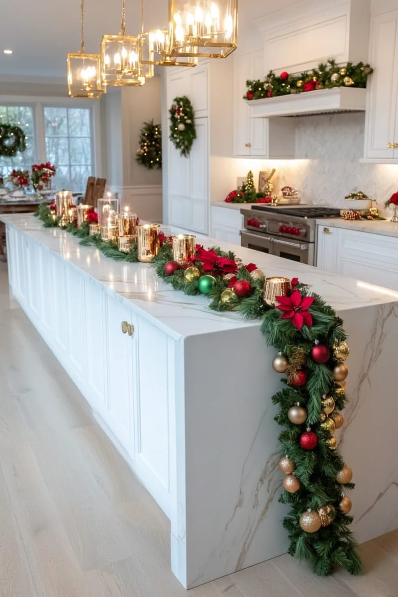 23 Christmas Kitchen Island Decor Ideas That Bring Instant Holiday Charm 49 plush green and gold table runner with glowing votive candles 1
