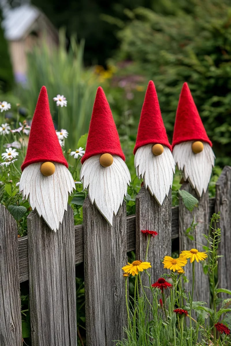 plywood gnome heads peeking over the fence with fluffy beards and red hats 1