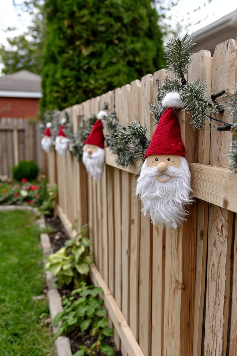 plywood gnome heads peeking over the fence with fluffy beards and red hats 1