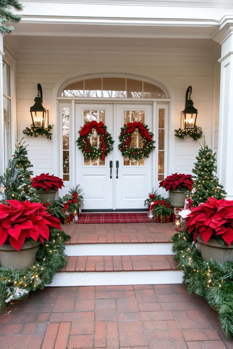 29 Festive Christmas Door Decor Ideas for a Magical Entry 56 poinsettia-filled planters with matching garland and red ribbons 1