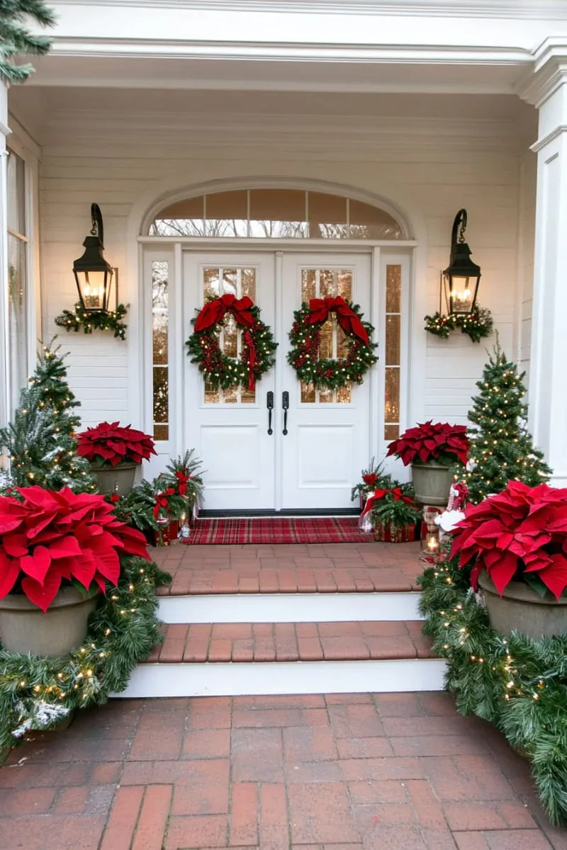 poinsettia-filled planters with matching garland and red ribbons 1